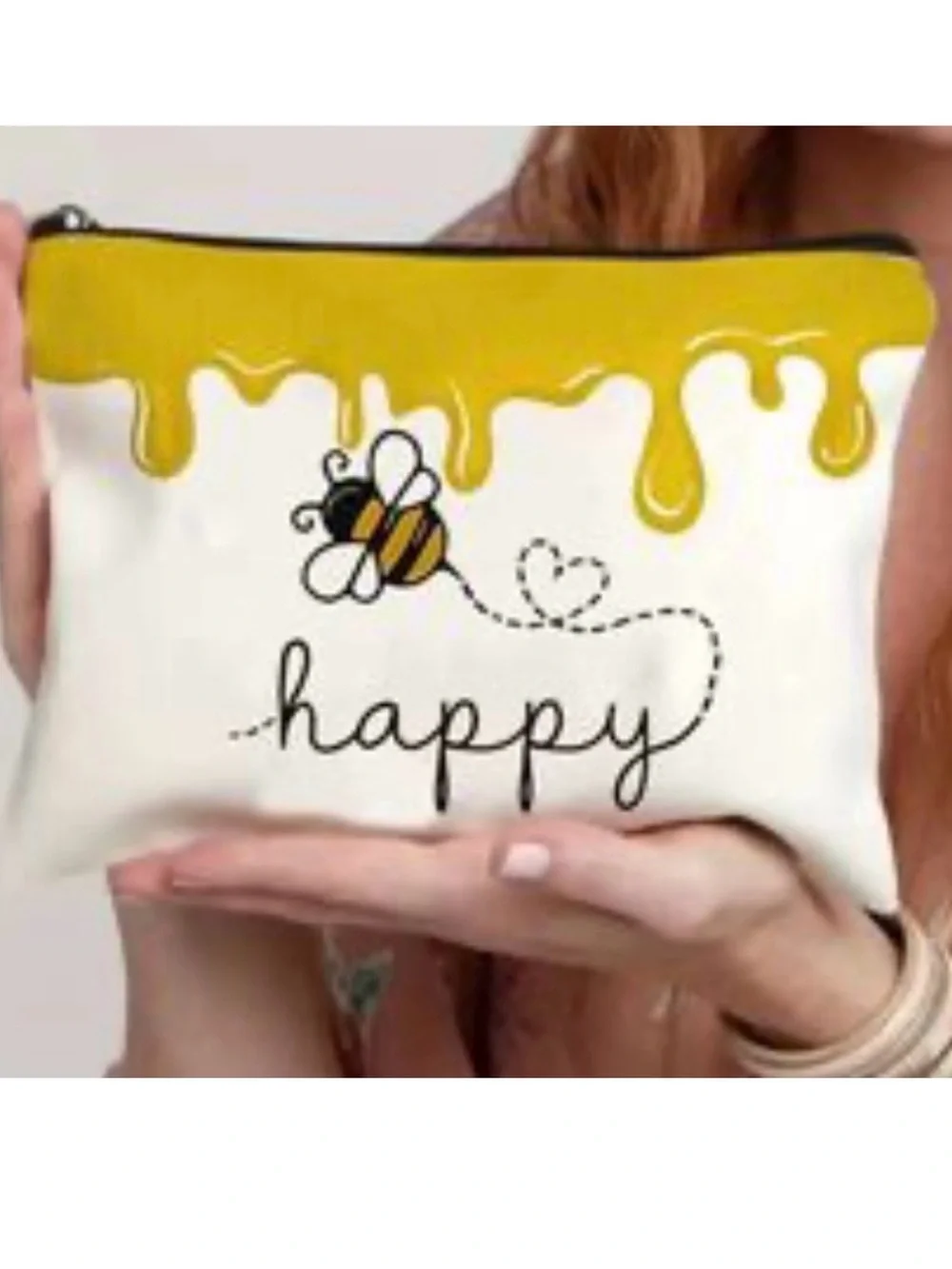 Bee 'Happy' Canvas Zipper Pouch - Yellow & White